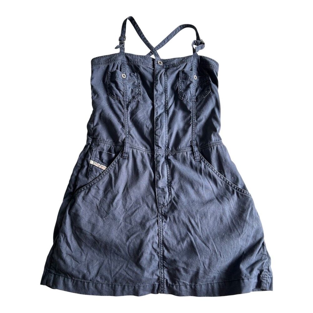Vintage Diesel Y2K Utility Mini Dress Strappy Linen Cotton Blue Size S Rare